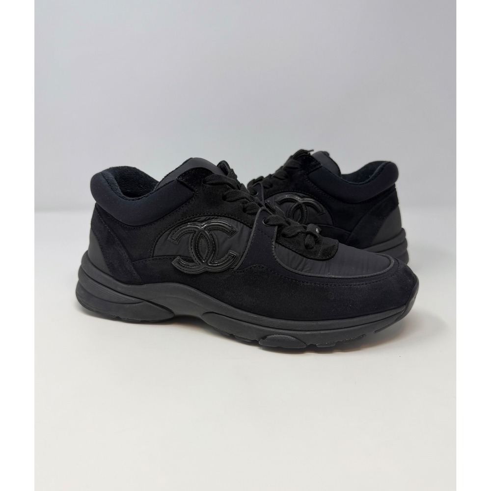 Chanel CC Triple Black Suede Trainer Sneaker Size 8 US 38 EU - Picture 1 of 9